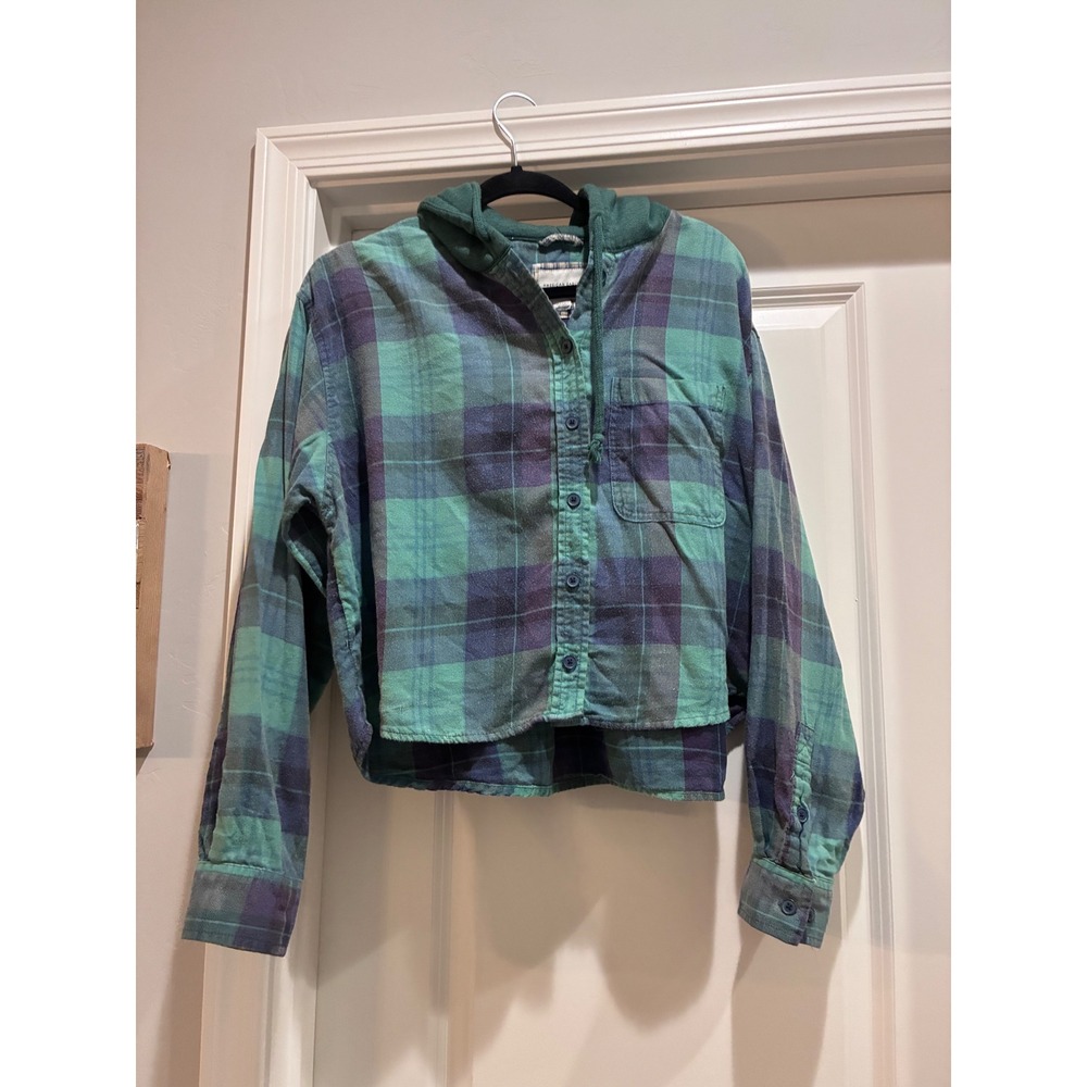 American Eagle Kids Green Purple Plaid Hooded Flannel Shirt Size L Large